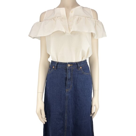 MYM Off White Girlhoodcore ruffles Blouse Button Crew round Neck s S - Picture 2 of 9